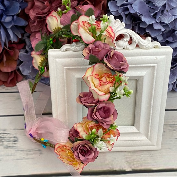 Bohemian Pink & Purple Rose Crown Hair Wreath - Picture 3 of 12